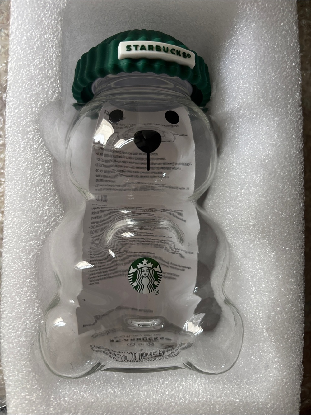 Starbucks Clear Bear-Shaped Glass with Green Ribbed Cap